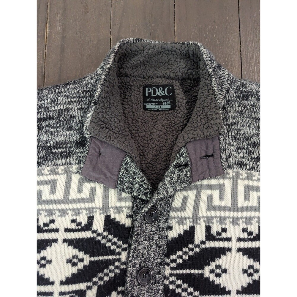 Pd&c Mens Fleece Lined Aztec Sweater Sz Xxl Cabincore Cardigan